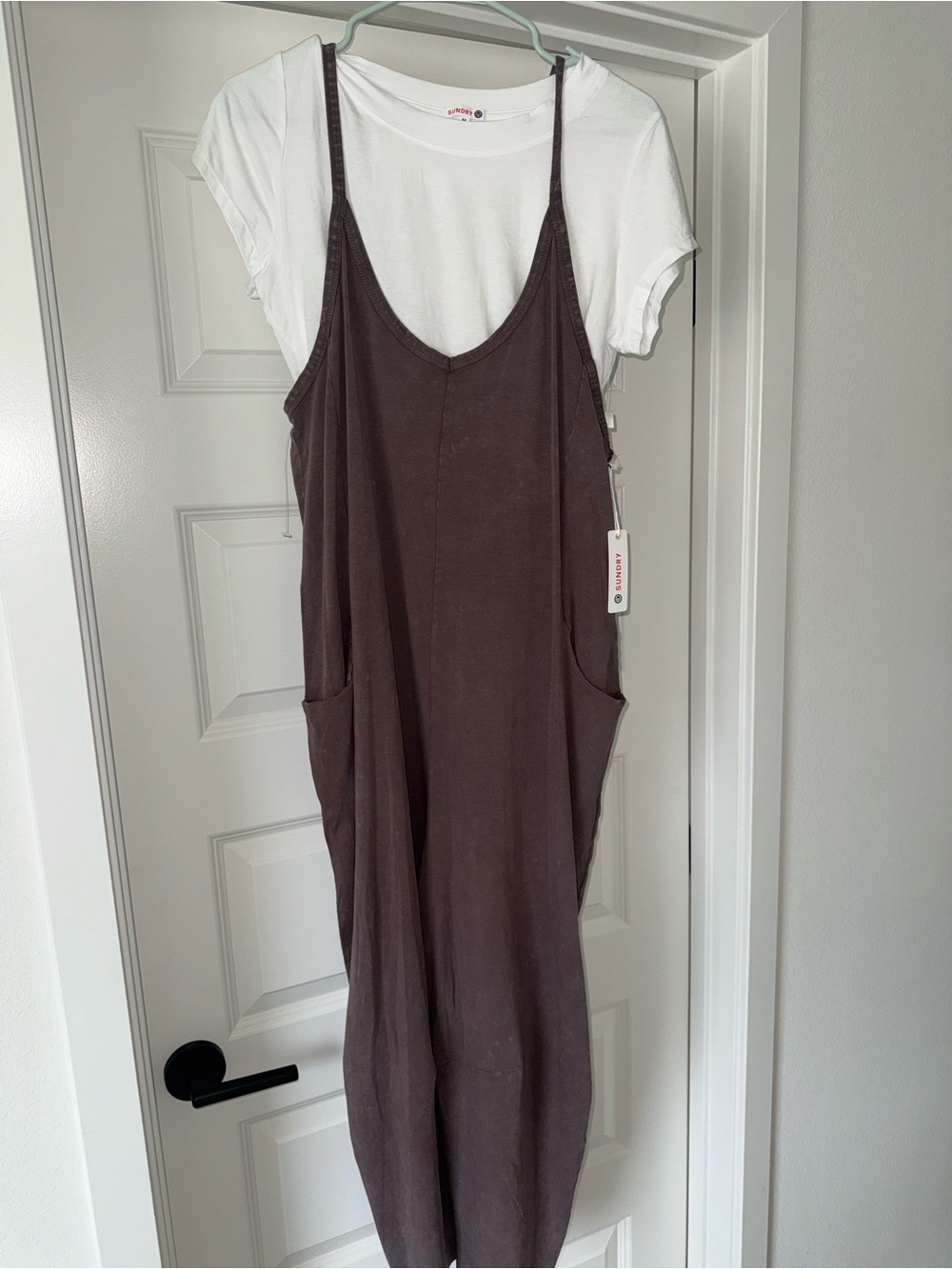 NWT Sundry for Anthropologie Purple Brown Onesie Jumpsuit Romper White Tee M